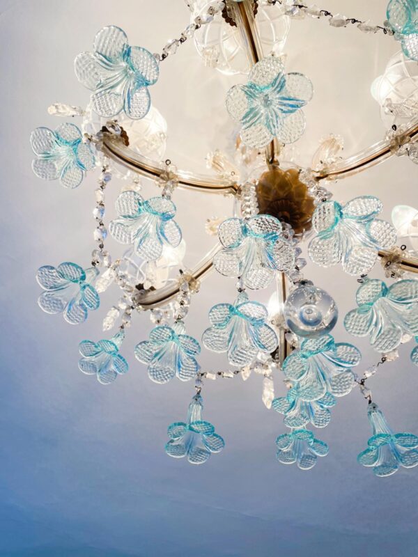Maria Theresa Crystal Chandelier with Handblown Murano Glass Blue Flowers – Vintage Italian Lighting