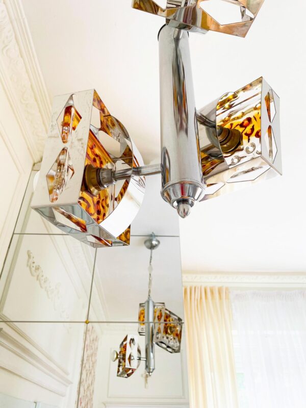Mazzega Murano Chandelier – Amber Bubble Glass, Mid-Century Modern Italian Lighting