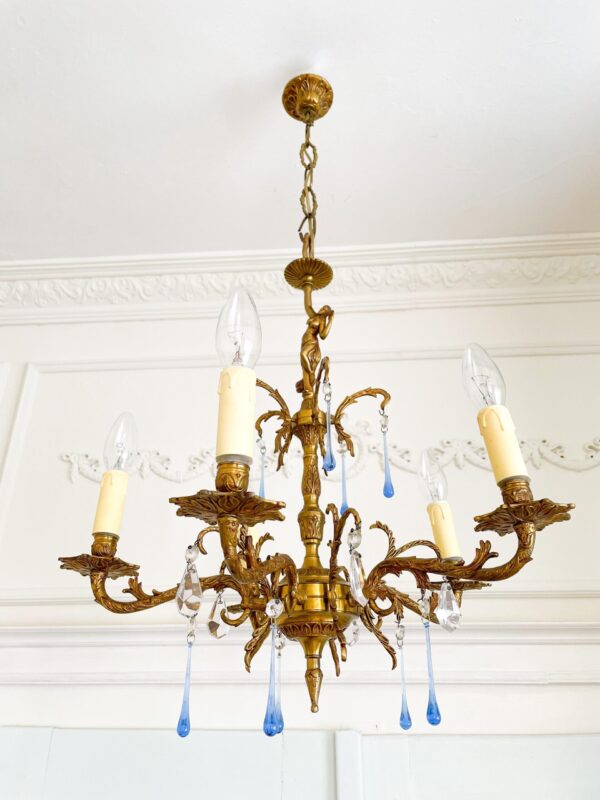 Vintage French Bronze Chandelier – Blue Murano Glass Drops, Crystals, 5 Arm Ornate Light