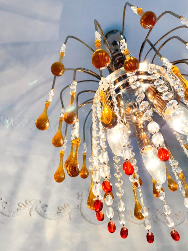 Vintage Murano Glass Chandelier: Amber Cascade Waterfall, Italian Handblown Crystal Drops