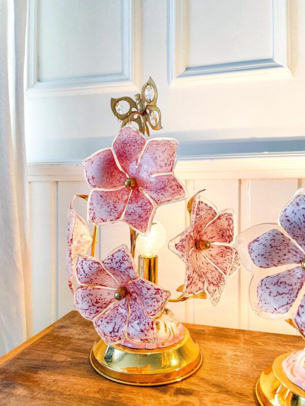 Elegant Vintage Pink Authentic Murano Glass Floral Table Lamps (1 pair) – Handblown Italian Art